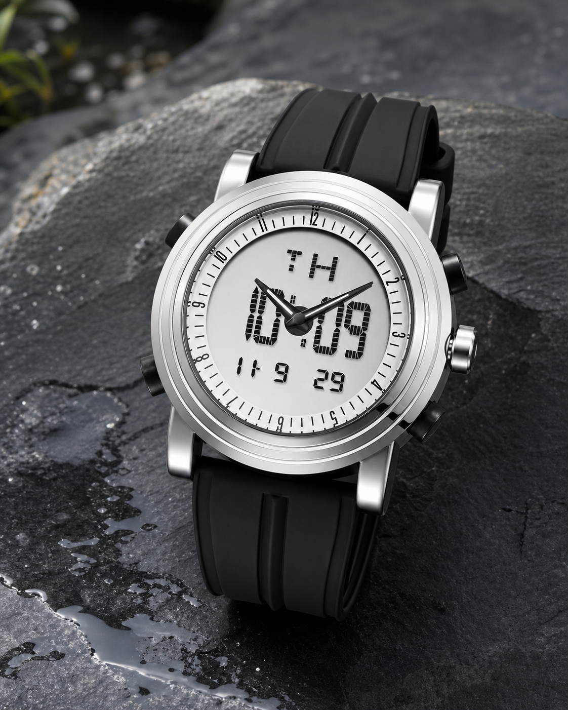 SINOBI S9368G black analog-digital sports watch on wet charcoal slate
