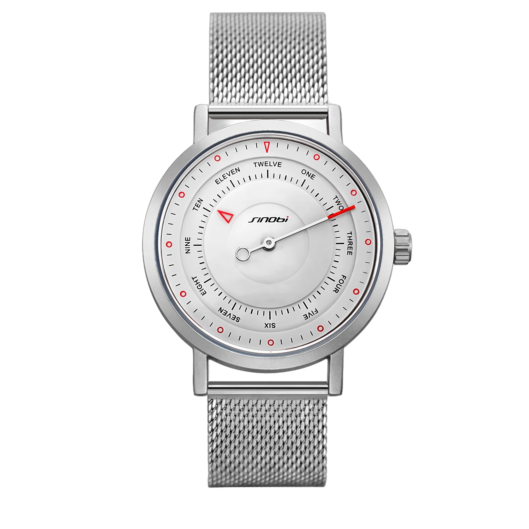 SINOBI S9809G white dial silver mesh one-hand quartz watch on transparent background