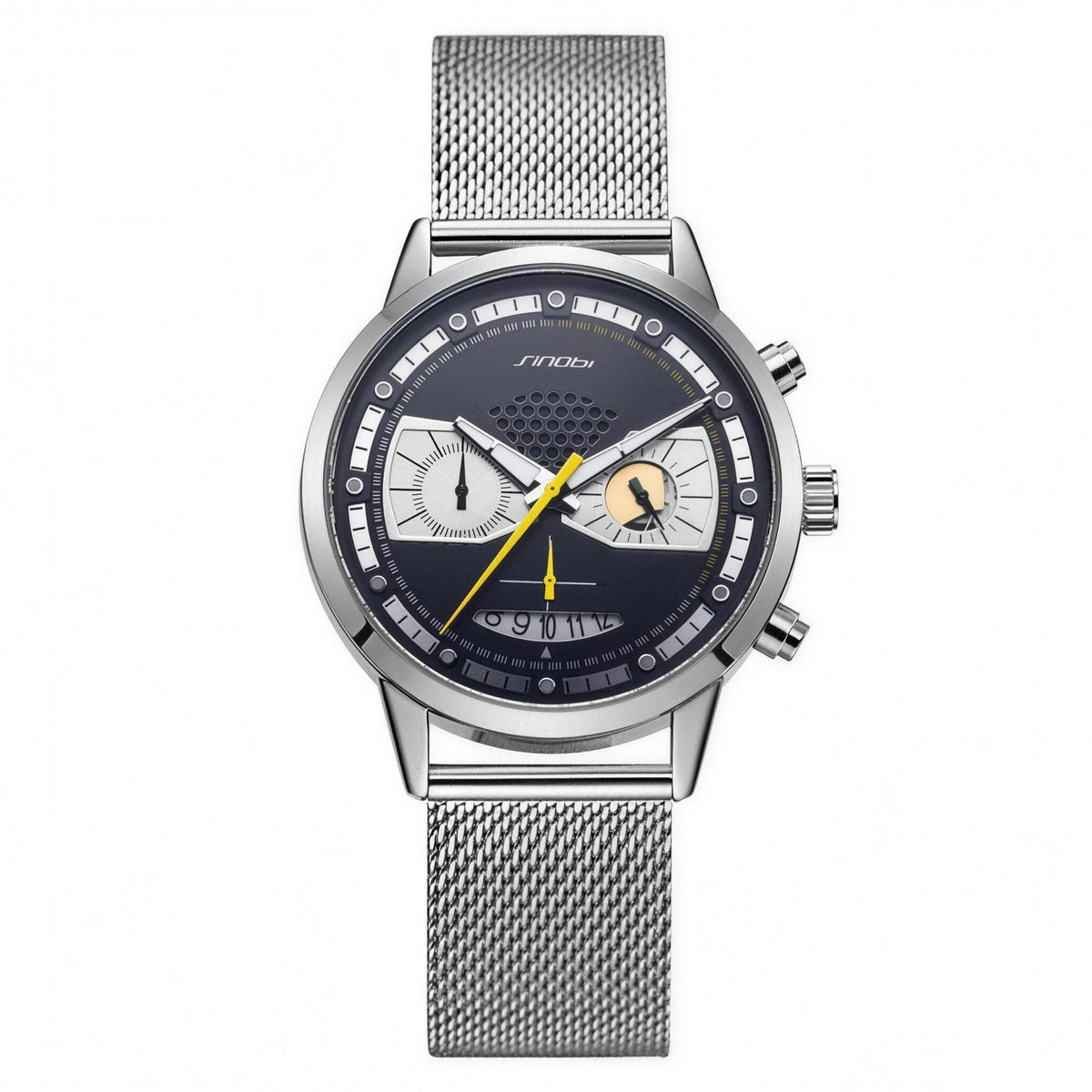 SINOBI S9814G skeleton-style quartz watch, silver case with steel mesh bracelet