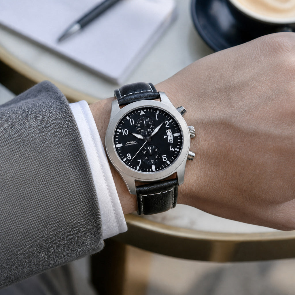 SINOBI S9906G black quartz chronograph worn with a jacket at a cafe