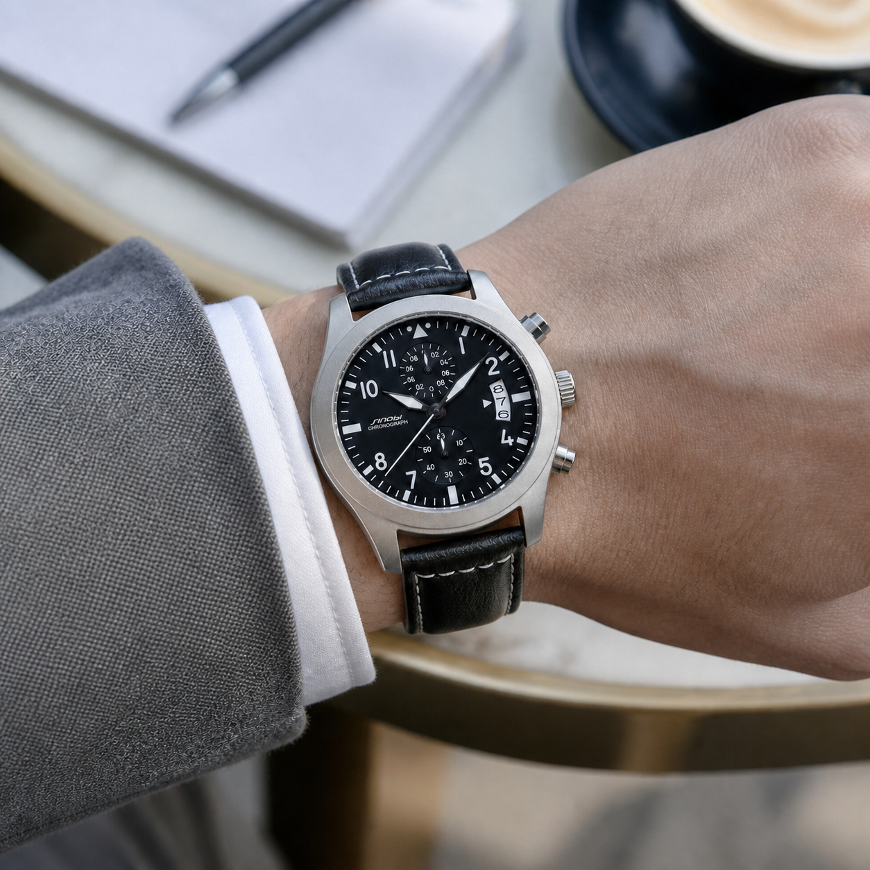 SINOBI S9906G Black quartz chronograph worn with a jacket at a cafe