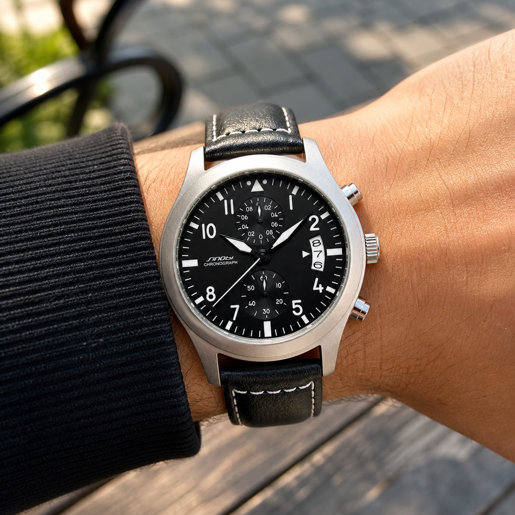 SINOBI S9906G Black quartz chronograph worn outdoors in afternoon light