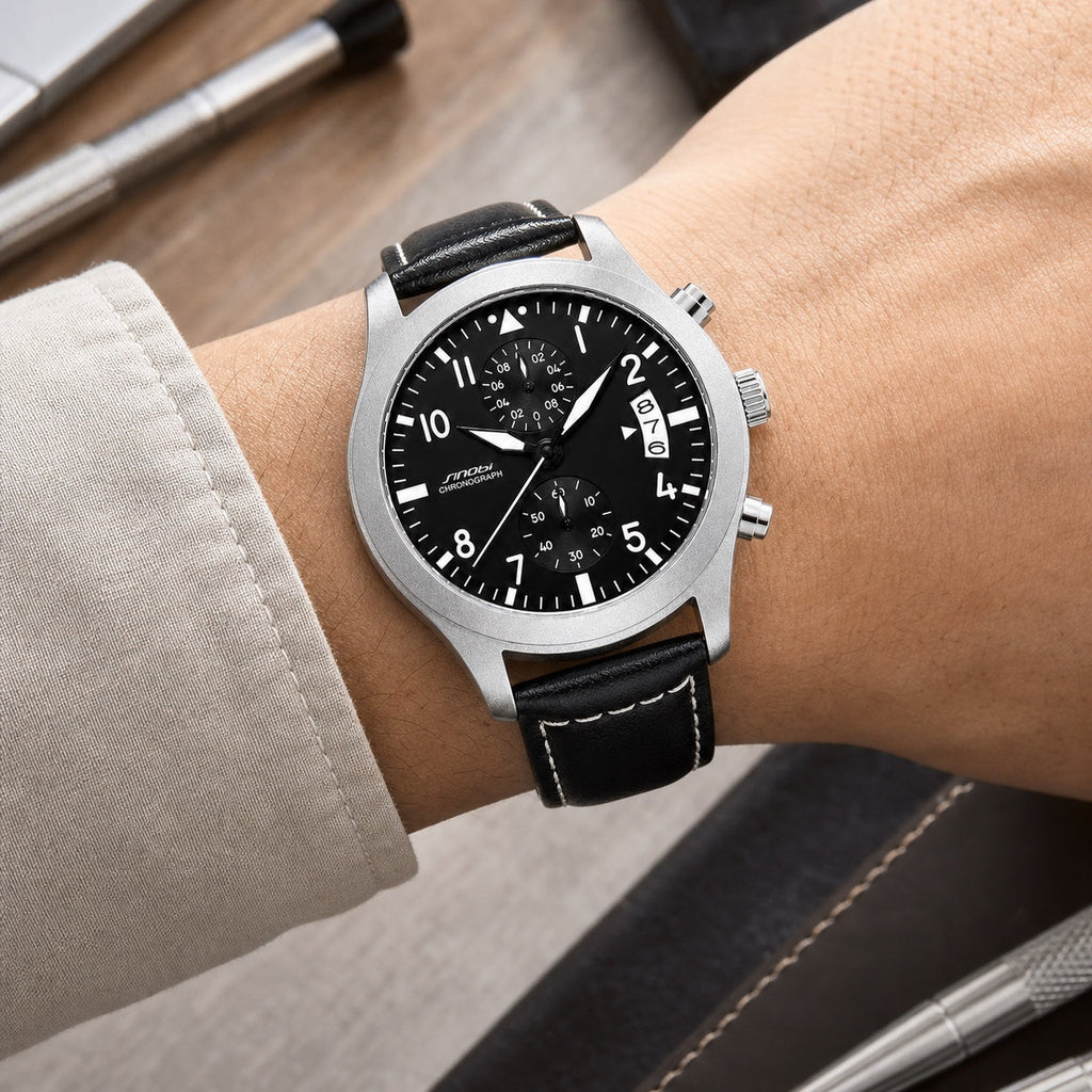 SINOBI S9906G Black quartz chronograph worn at a workshop desk