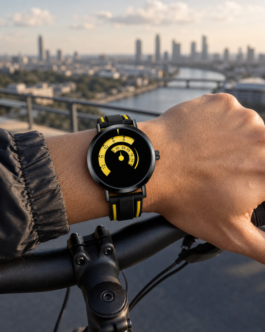 SINOBI S9926G Yellow Racing Sport watch worn on bicycle handlebars