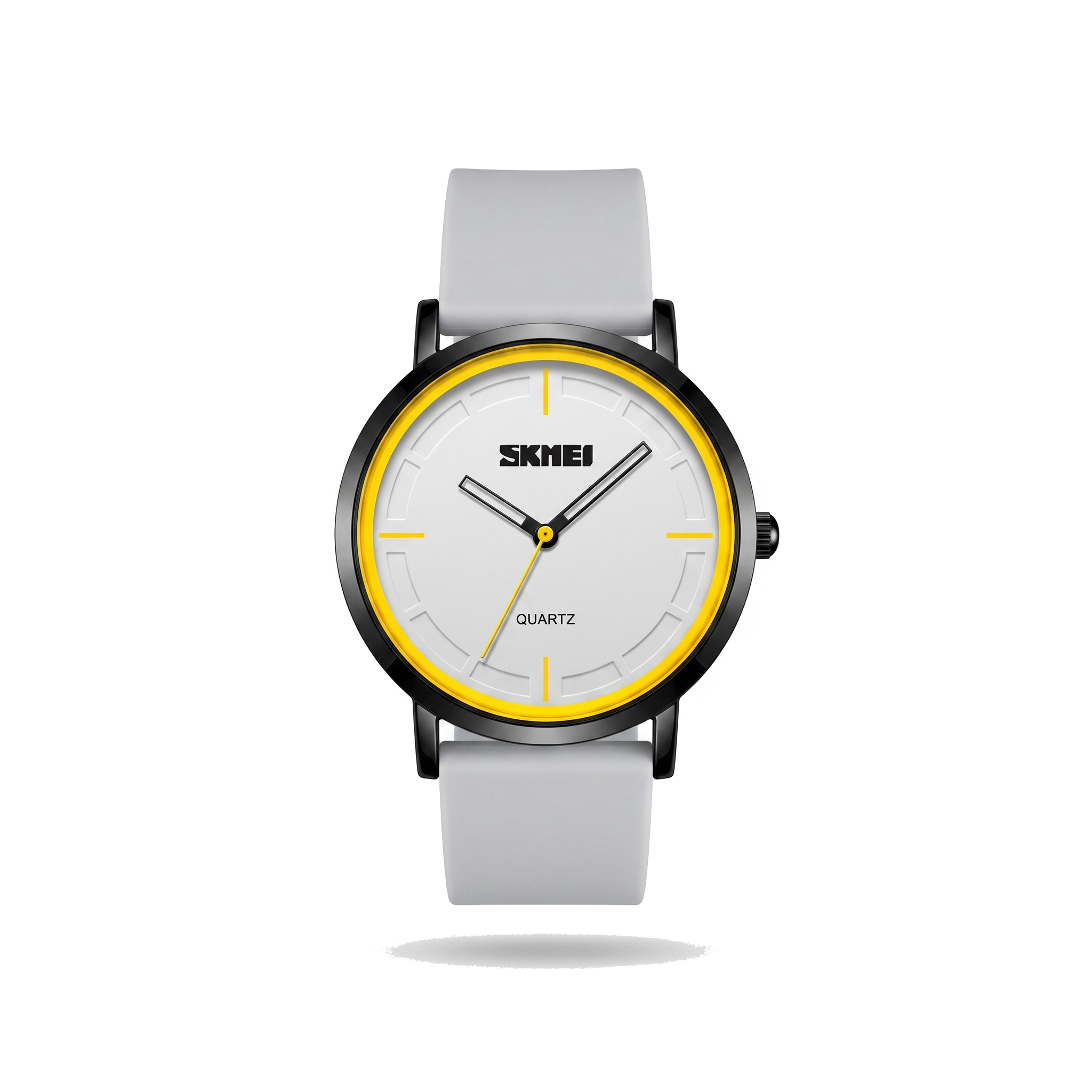 SKEMI Minimalist Field Quartz Watch white and yellow on pure white background
