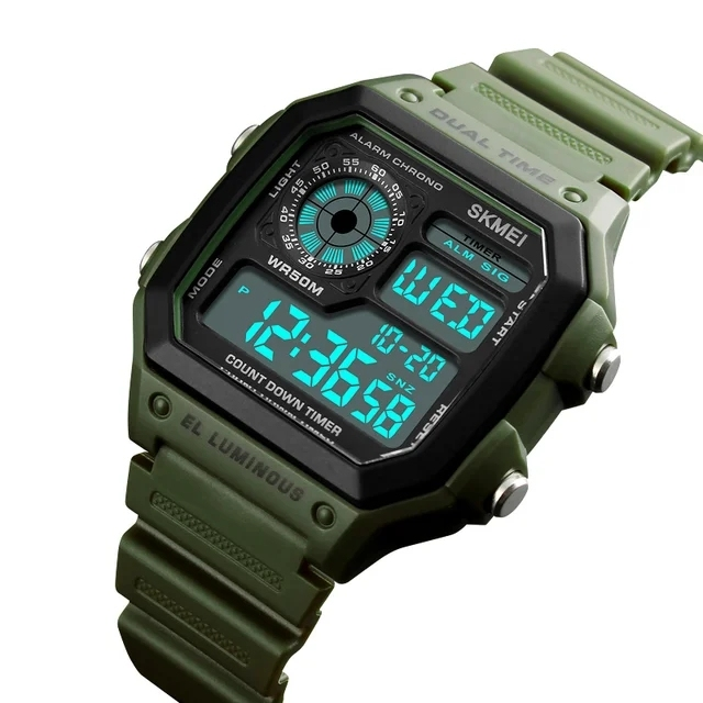 SKMEI 1299 black case and green band digital sport watch