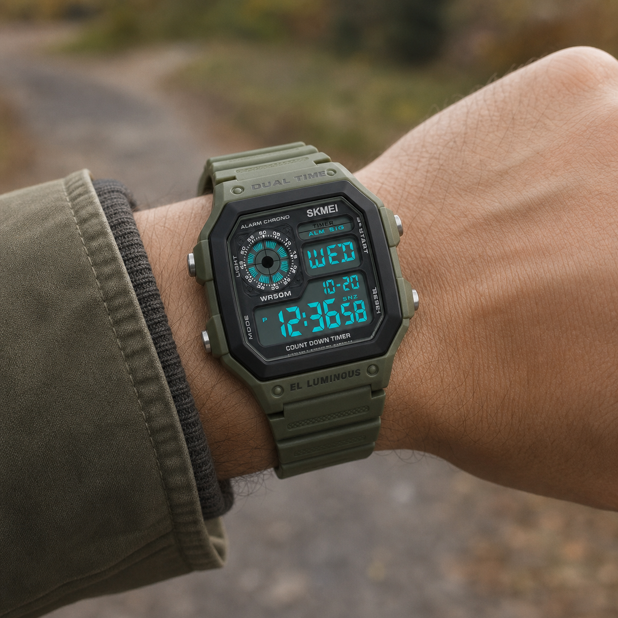 SKMEI 1299 Black case and green band digital sport watch worn on wrist