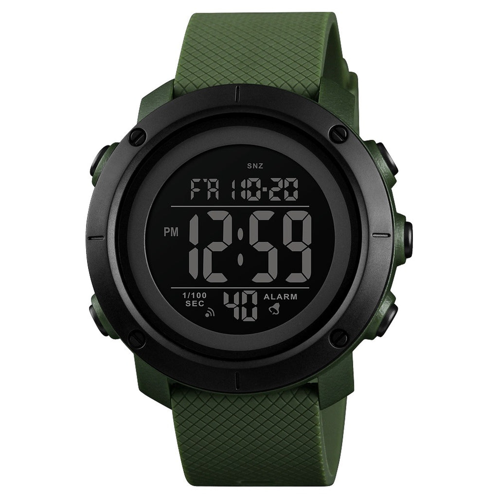 SKMEI 1426 digital sport watch with green band and black display, front view