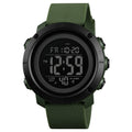 SKMEI 1426 digital sport watch with green band and black display, front view