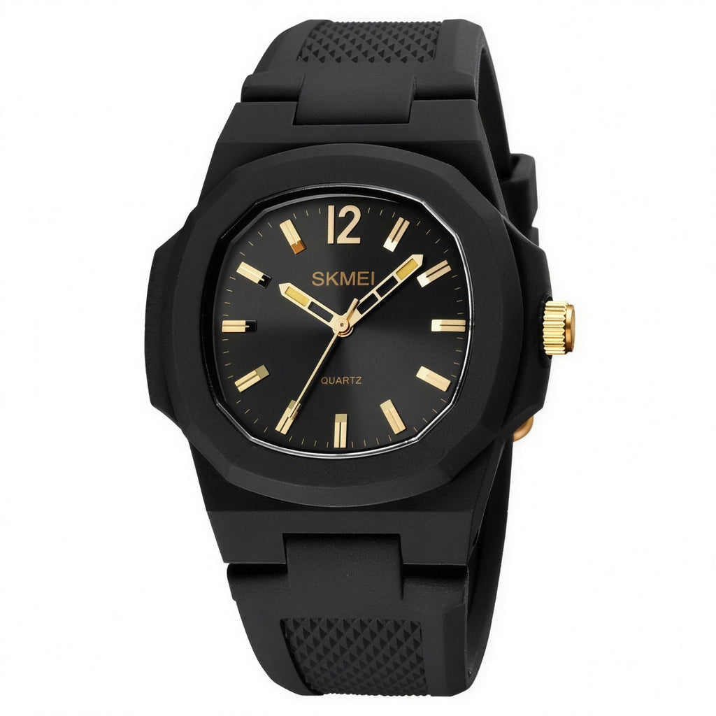 SKMEI 1717 quartz watch, black resin case with black dial and gold hands, on a white background