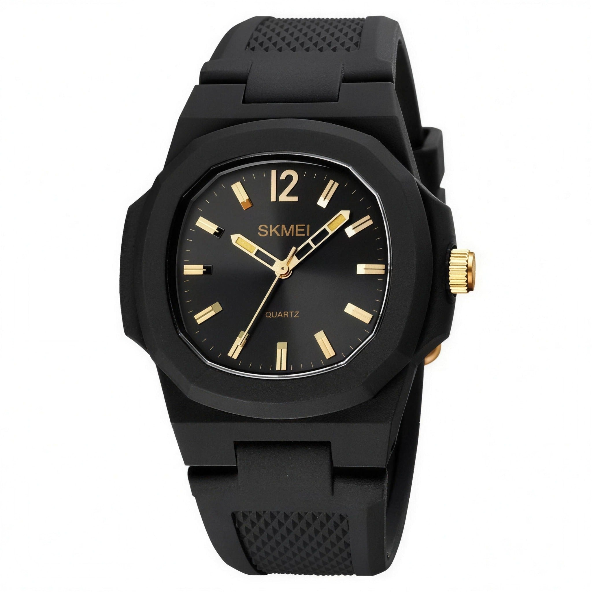 SKMEI 1717 quartz watch, black resin case with black dial and gold hands, on a white background