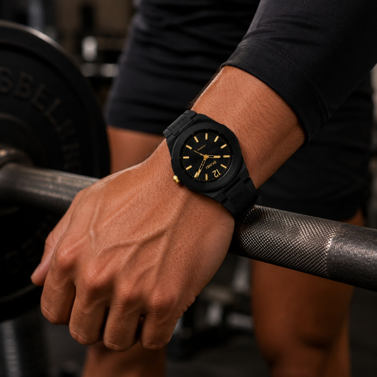 SKMEI 1717 quartz watch, black case with black dial and gold hands, worn on the wrist gripping a barbell at the gym