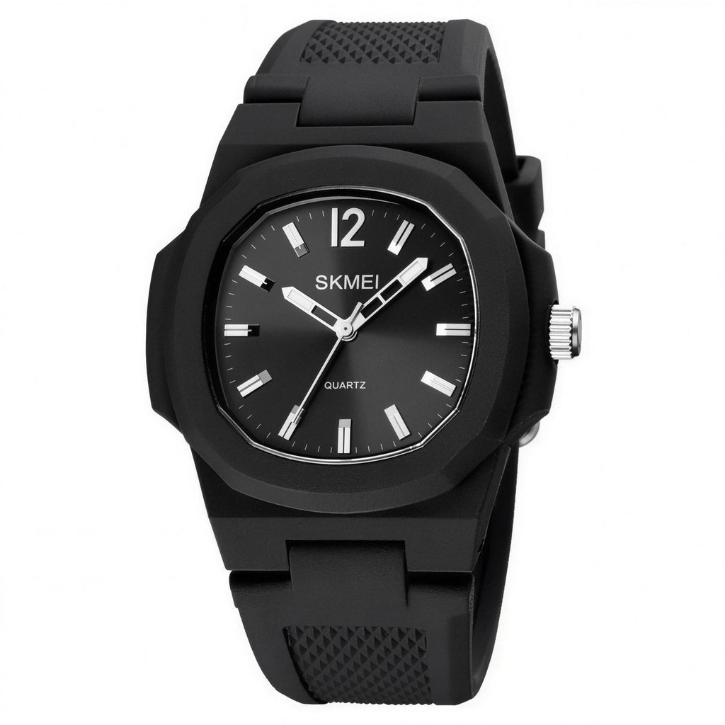 SKMEI 1717 quartz watch, black resin case with black dial and silver hands, on a white background