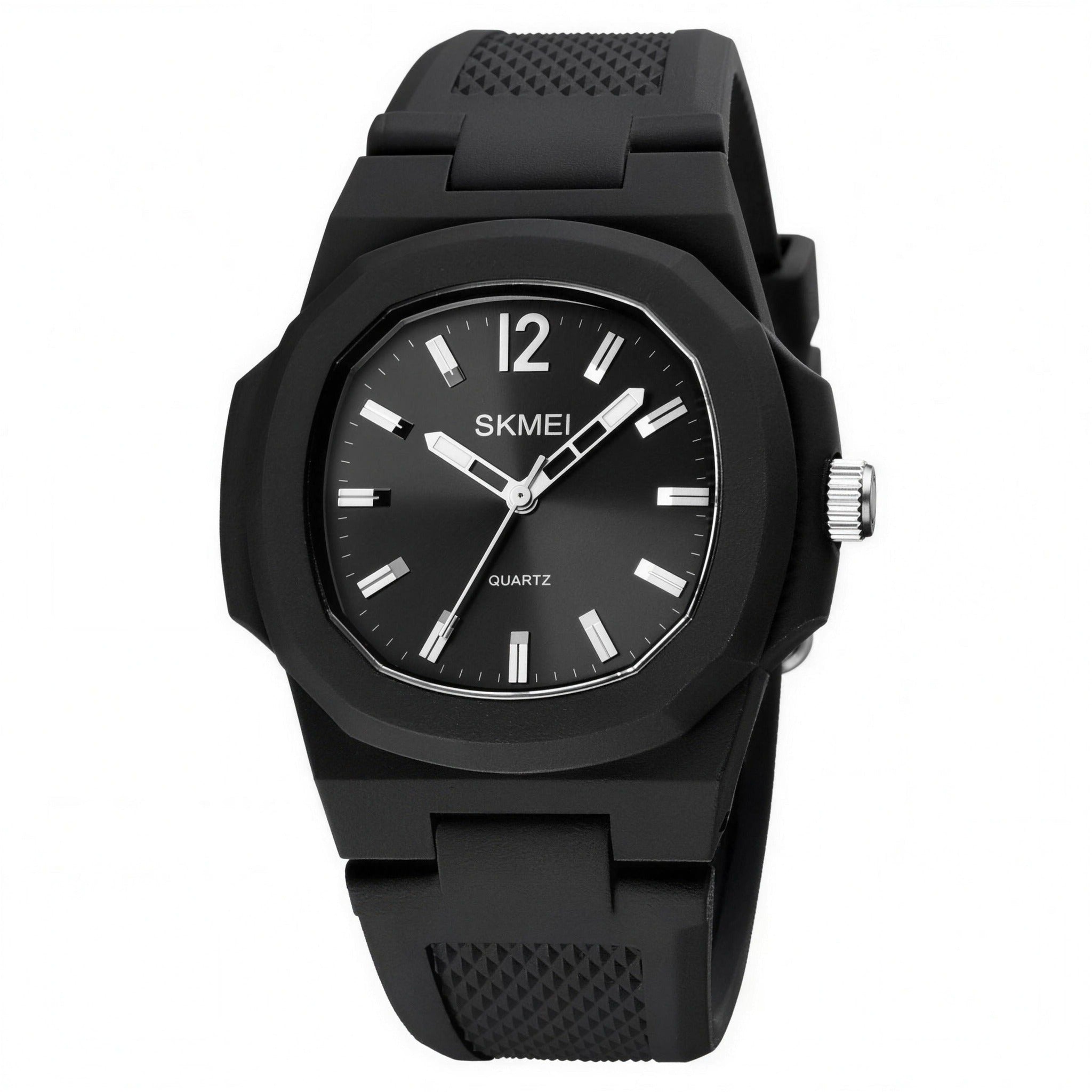 SKMEI 1717 quartz watch, black resin case with black dial and silver hands, on a white background