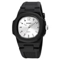 SKMEI 1717 quartz watch, black resin case with white dial, on a white background