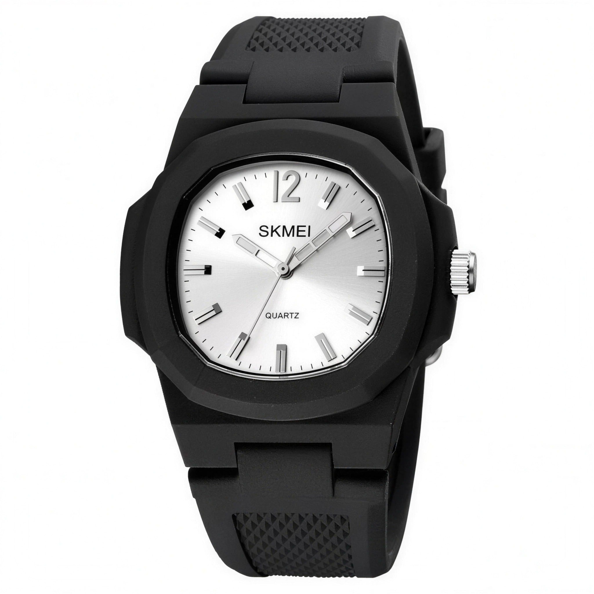 SKMEI 1717 quartz watch, black resin case with white dial, on a white background