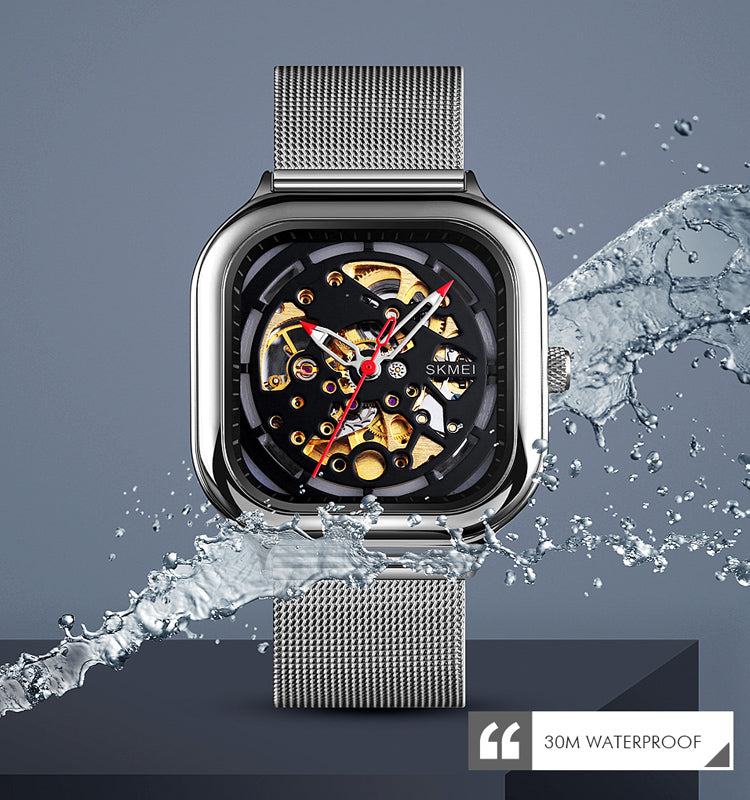 SKMEI 9184 black skeleton automatic watch with 30 m water-resistance graphic