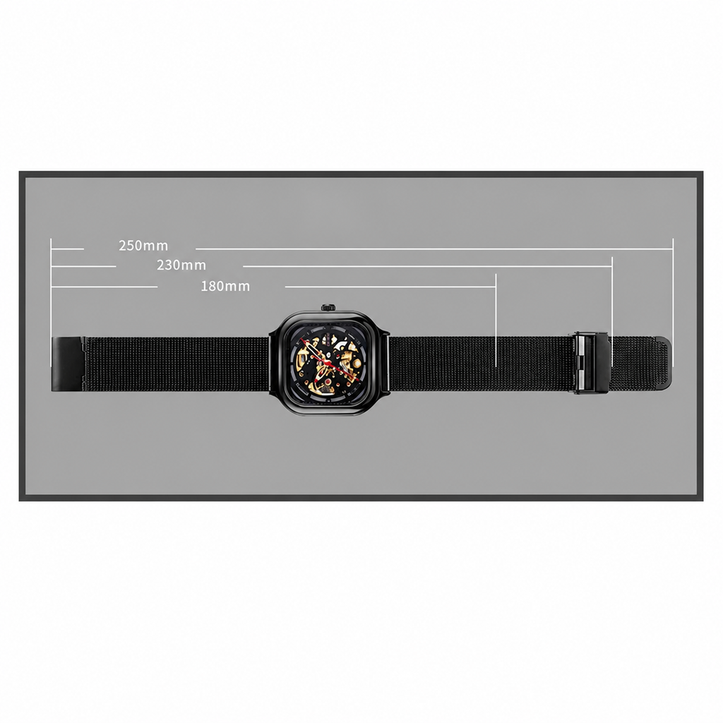 SKMEI 9184 black skeleton automatic watch and mesh bracelet dimensions