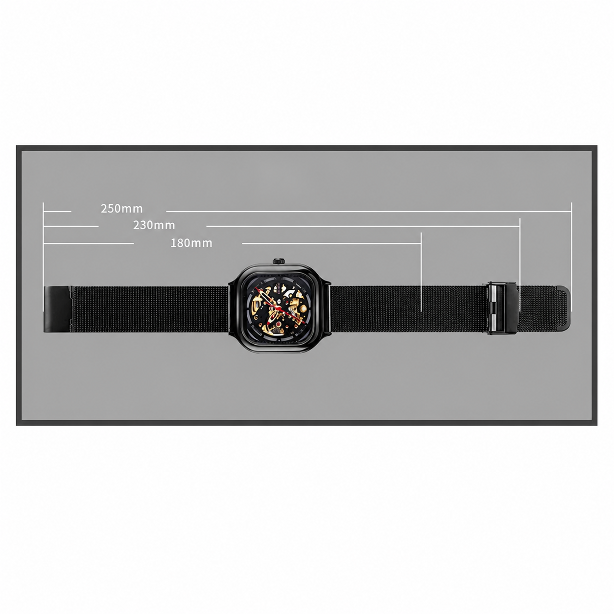 SKMEI 9184 black skeleton automatic watch and mesh bracelet dimensions
