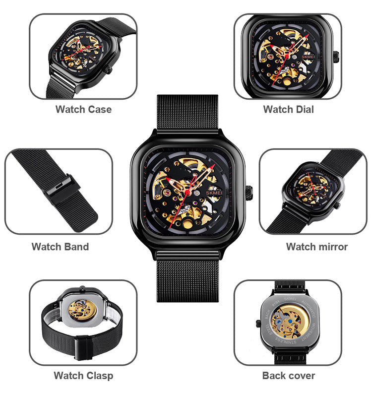 SKMEI 9184 black skeleton automatic watch component and case-back details