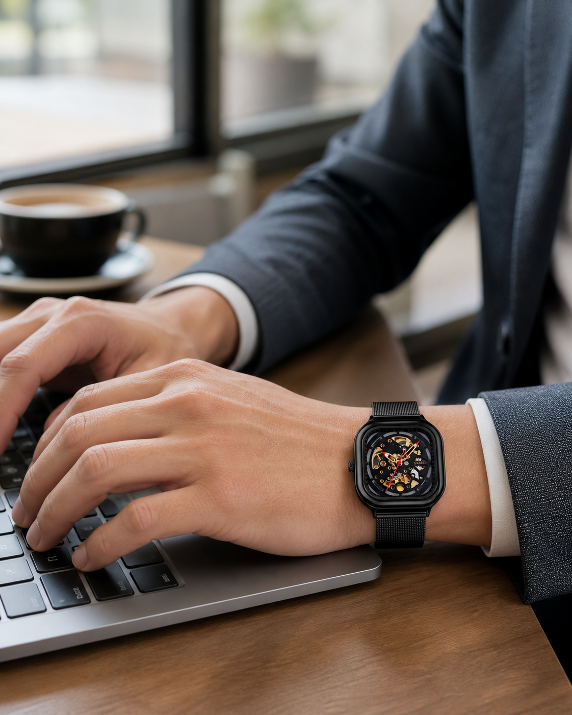 SKMEI 9184 black skeleton automatic watch worn on the right wrist while working on a laptop