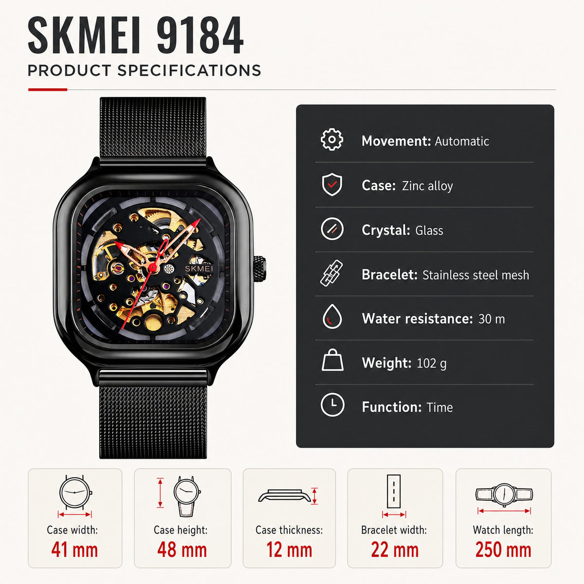 SKMEI 9184 black skeleton automatic watch product specifications