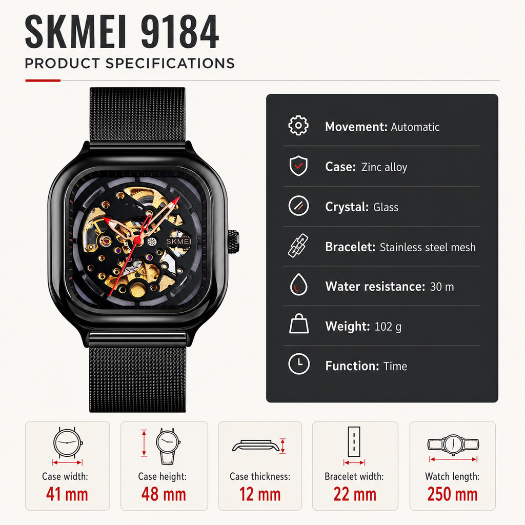 SKMEI 9184 black skeleton automatic watch product specifications