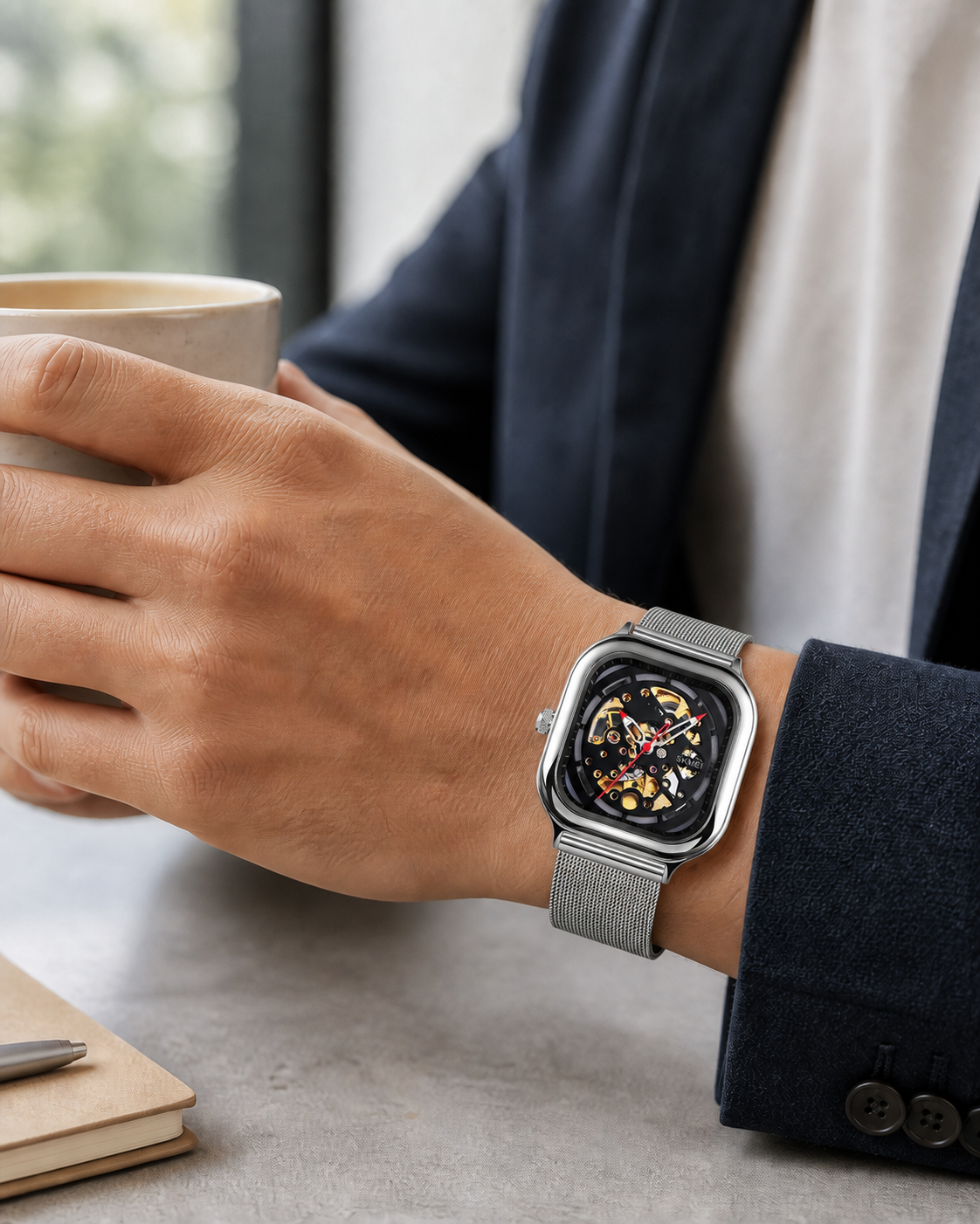 SKMEI 9184 silver skeleton automatic watch worn on the right wrist while holding a coffee cup