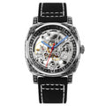 SKMEI 9271 skeleton automatic watch, steel case with engraved Roman bezel, black leather strap