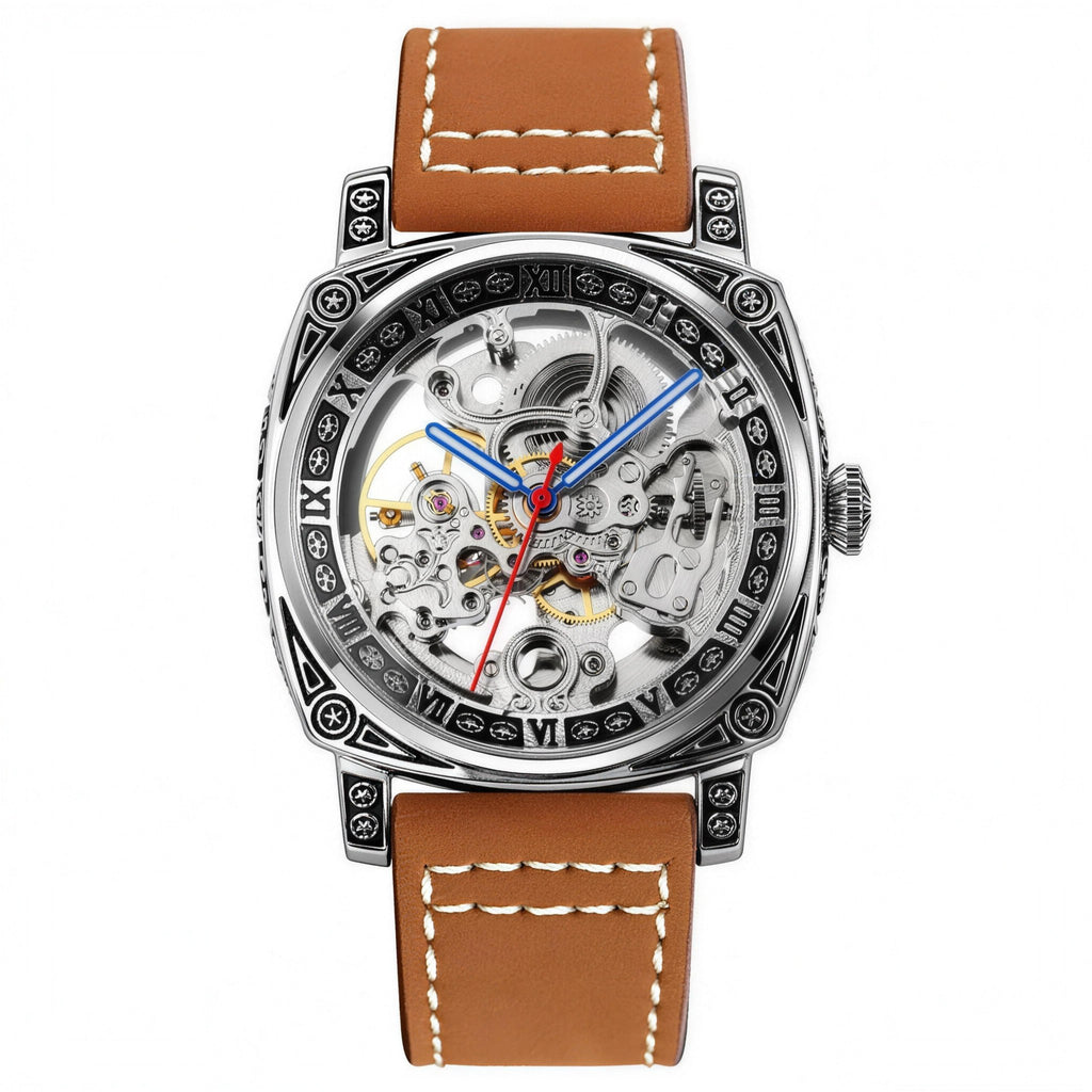 SKMEI 9271 skeleton automatic watch, steel case with engraved Roman bezel, brown leather strap