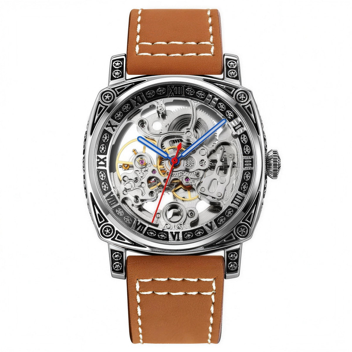 SKMEI 9271 skeleton automatic watch, steel case with engraved Roman bezel, brown leather strap