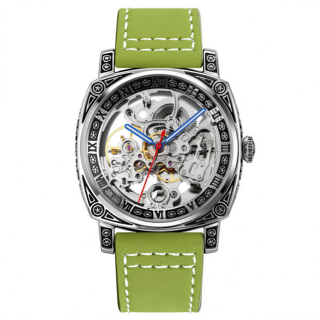 SKMEI 9271 skeleton automatic watch, steel case with engraved Roman bezel, green leather strap