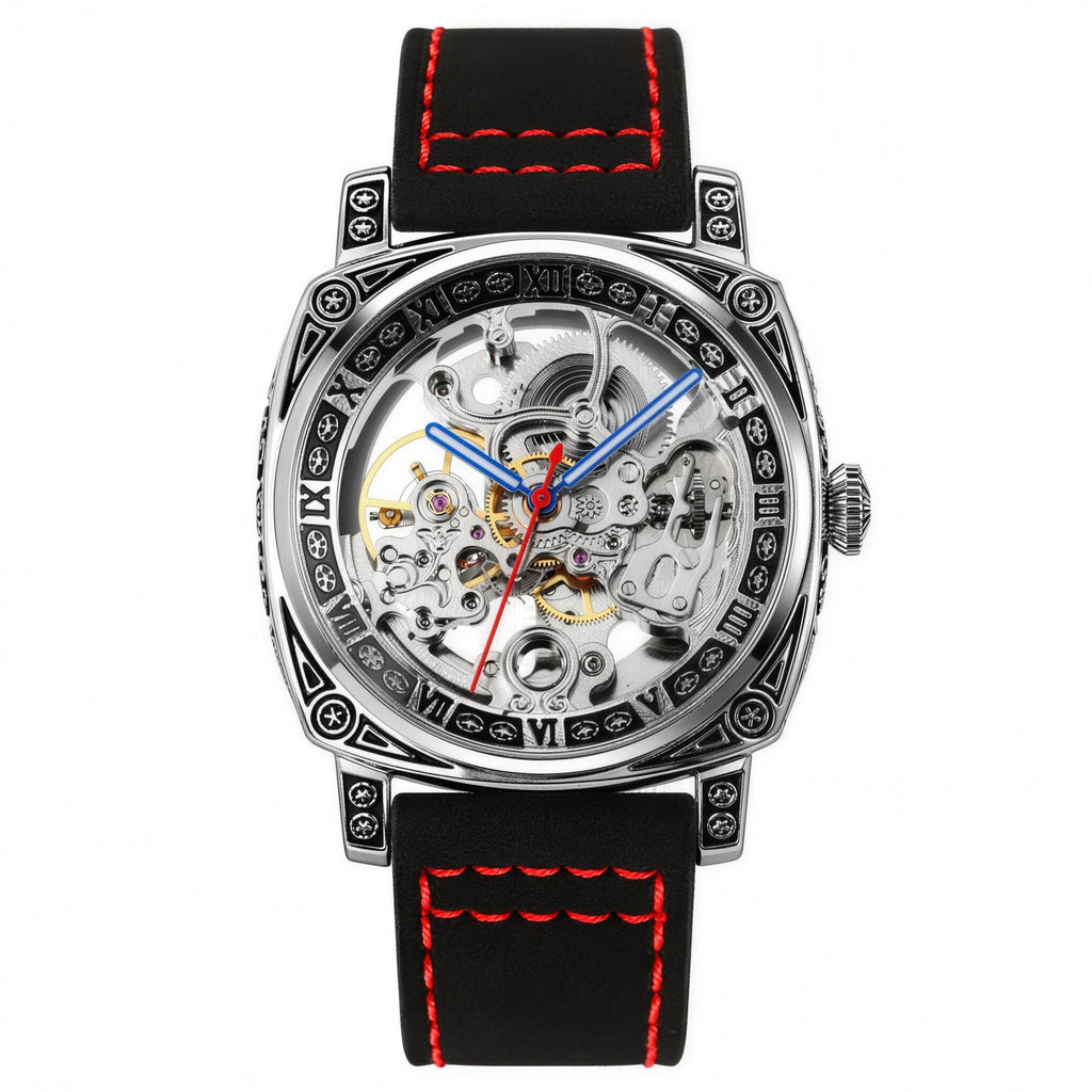 SKMEI 9271 skeleton automatic watch, steel case with engraved Roman bezel, black leather strap with red stitching