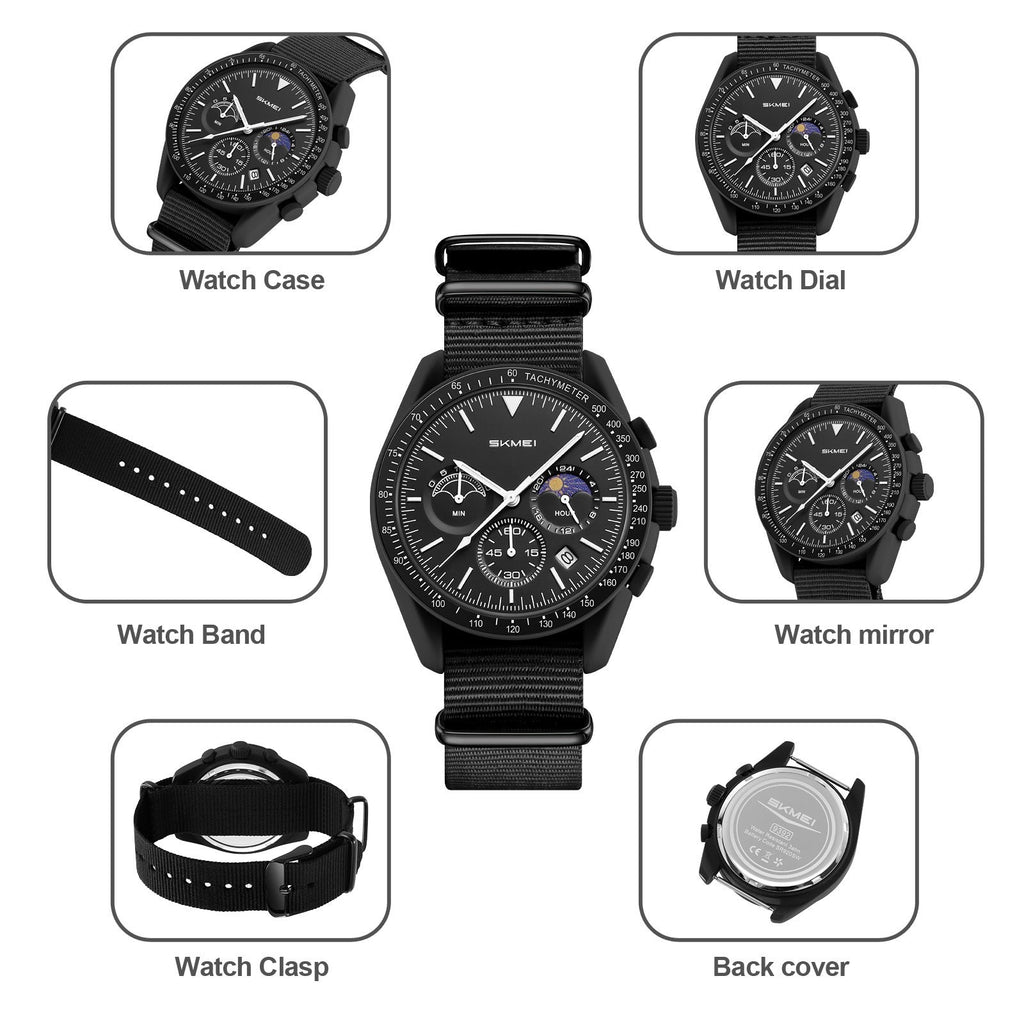SKMEI 9392 black chronograph watch case, dial, strap, clasp and caseback details