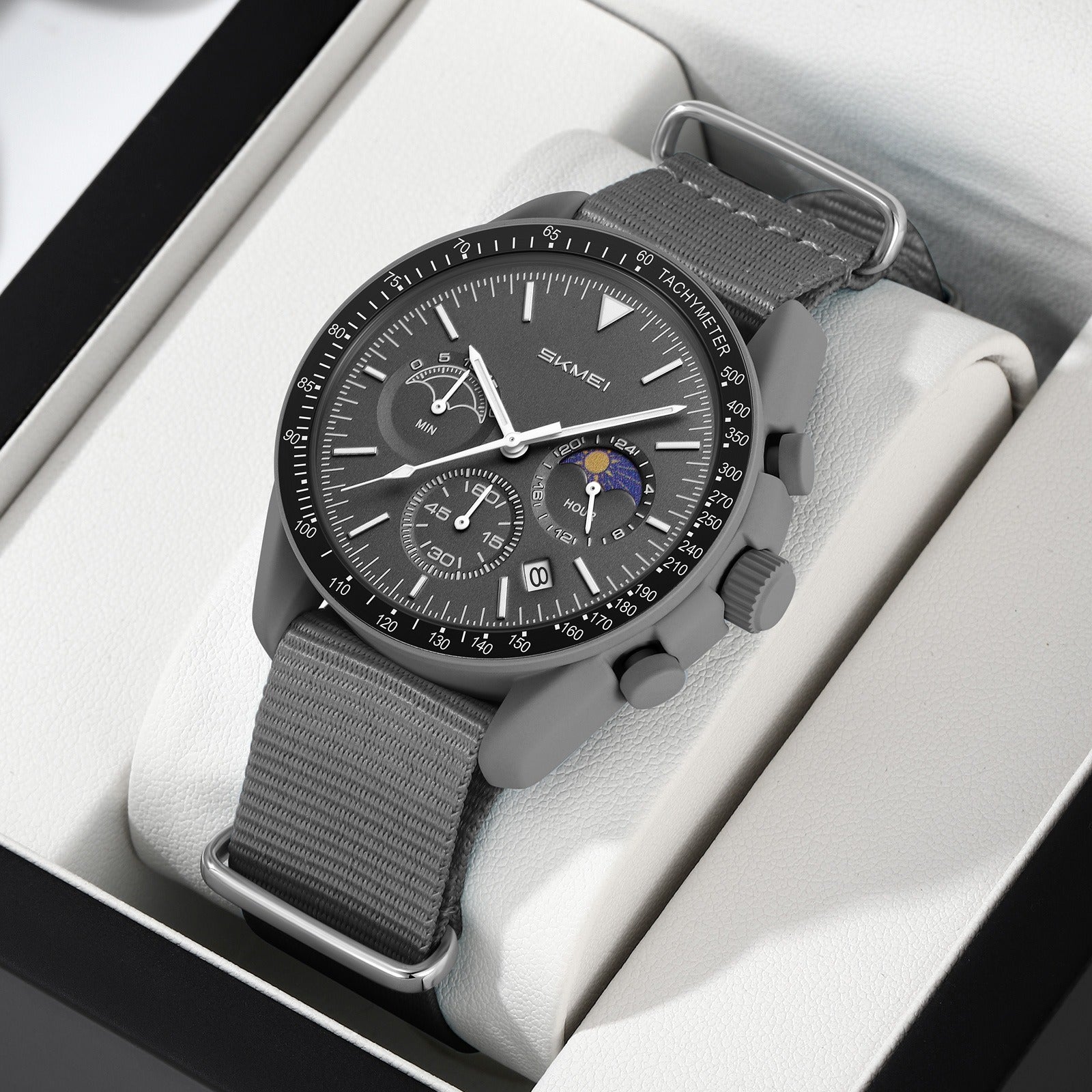 SKMEI 9392 black chronograph watch with gray nylon strap in presentation box