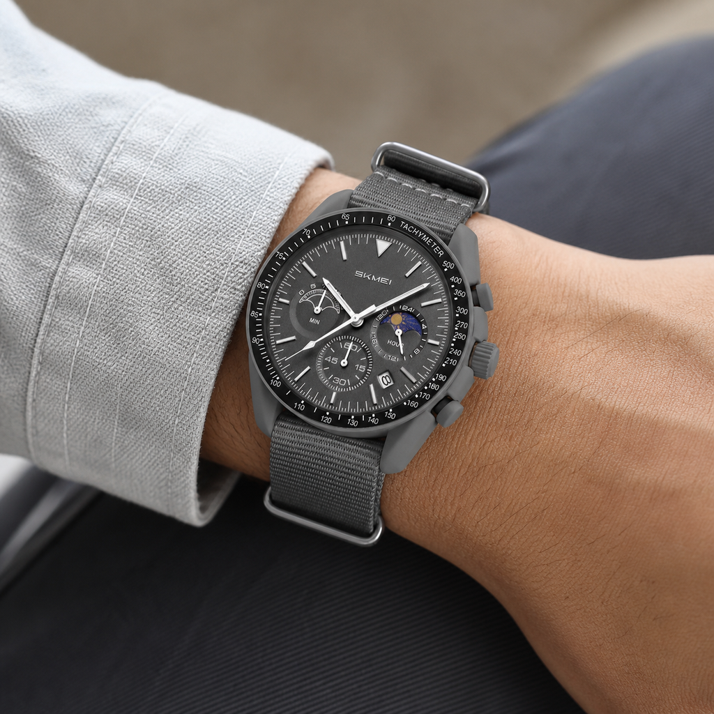 SKMEI 9392 black chronograph watch worn on wrist with gray nylon strap