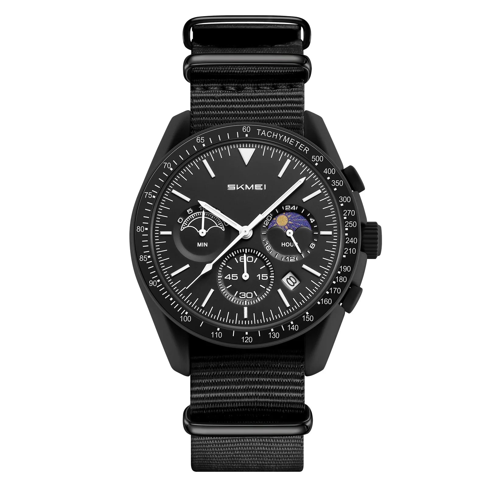 SKMEI 9392 black quartz chronograph watch with black nylon strap