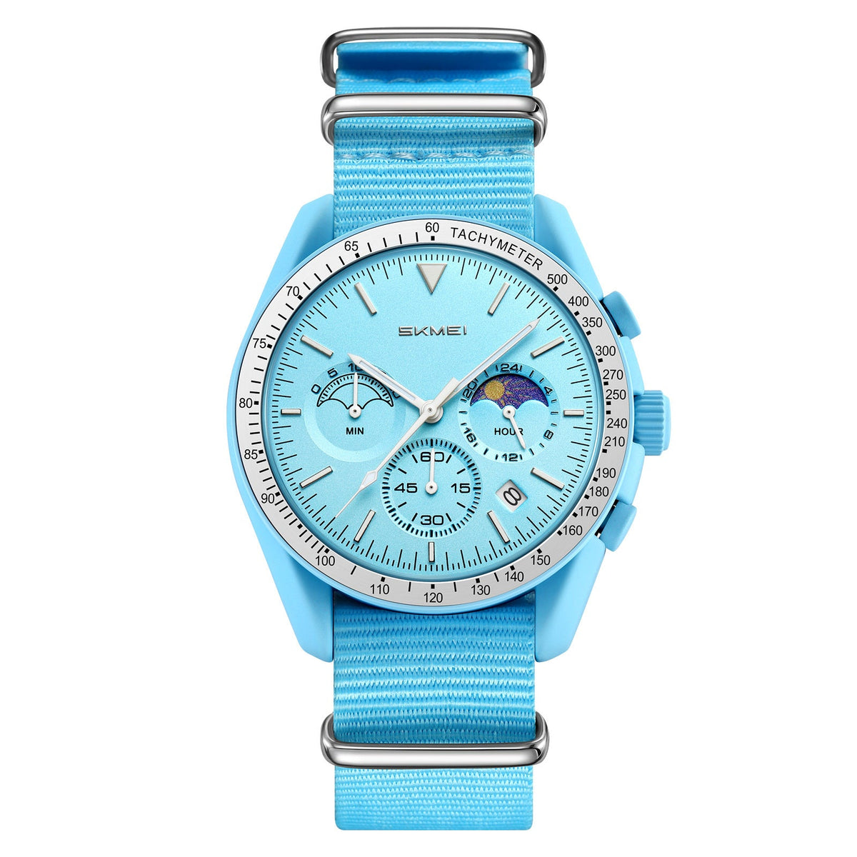SKMEI 9392 blue quartz chronograph watch with blue nylon strap