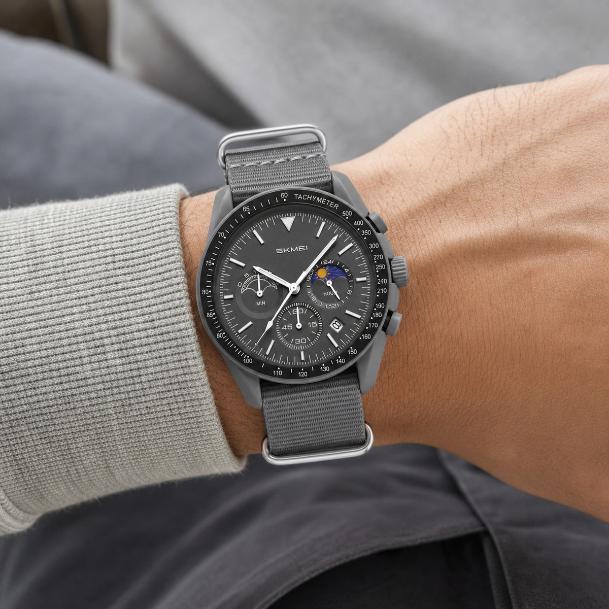SKMEI 9392 gray chronograph watch correctly oriented on wrist