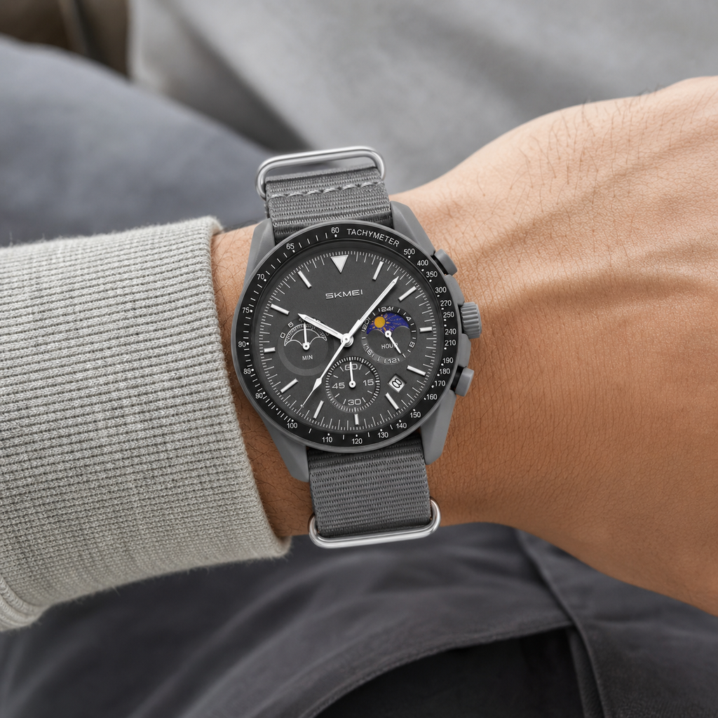 SKMEI 9392 gray chronograph watch correctly oriented on wrist