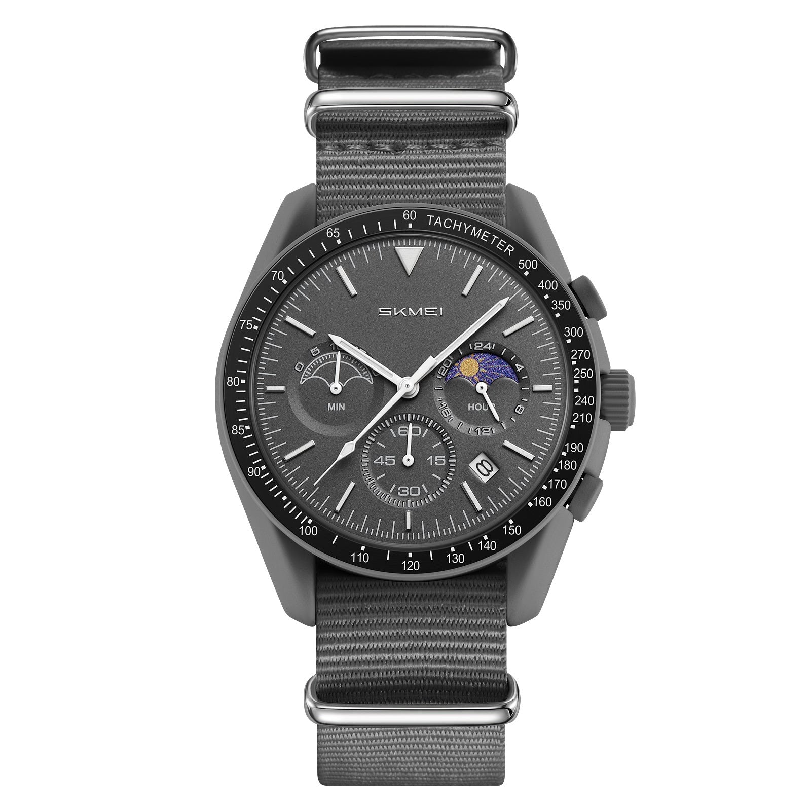 SKMEI 9392 gray quartz chronograph watch with gray nylon strap