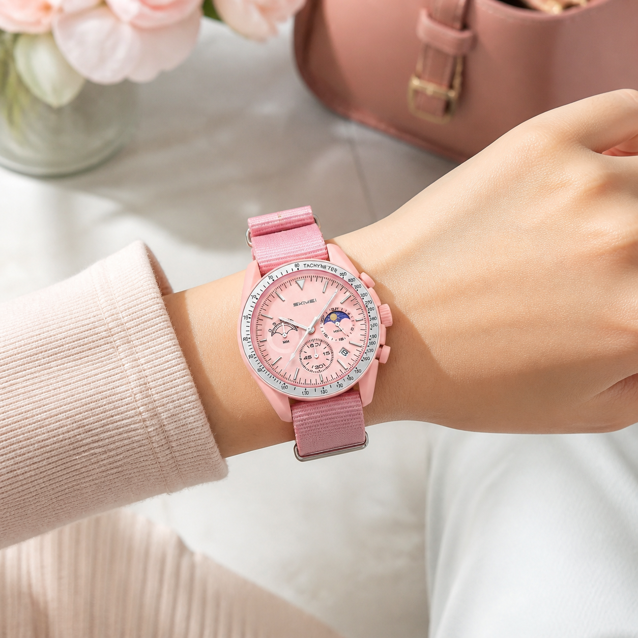SKMEI 9392 pink chronograph watch worn on a woman's wrist