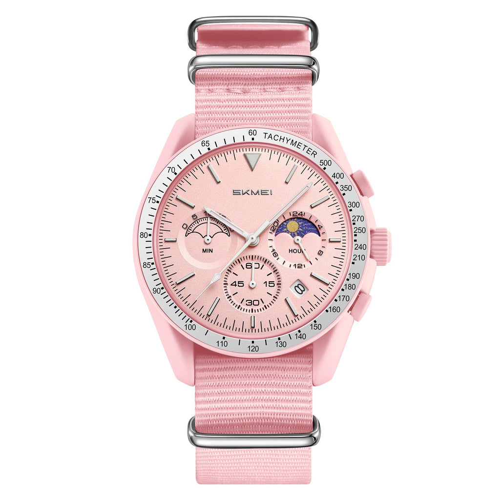 SKMEI 9392 pink quartz chronograph watch with pink nylon strap