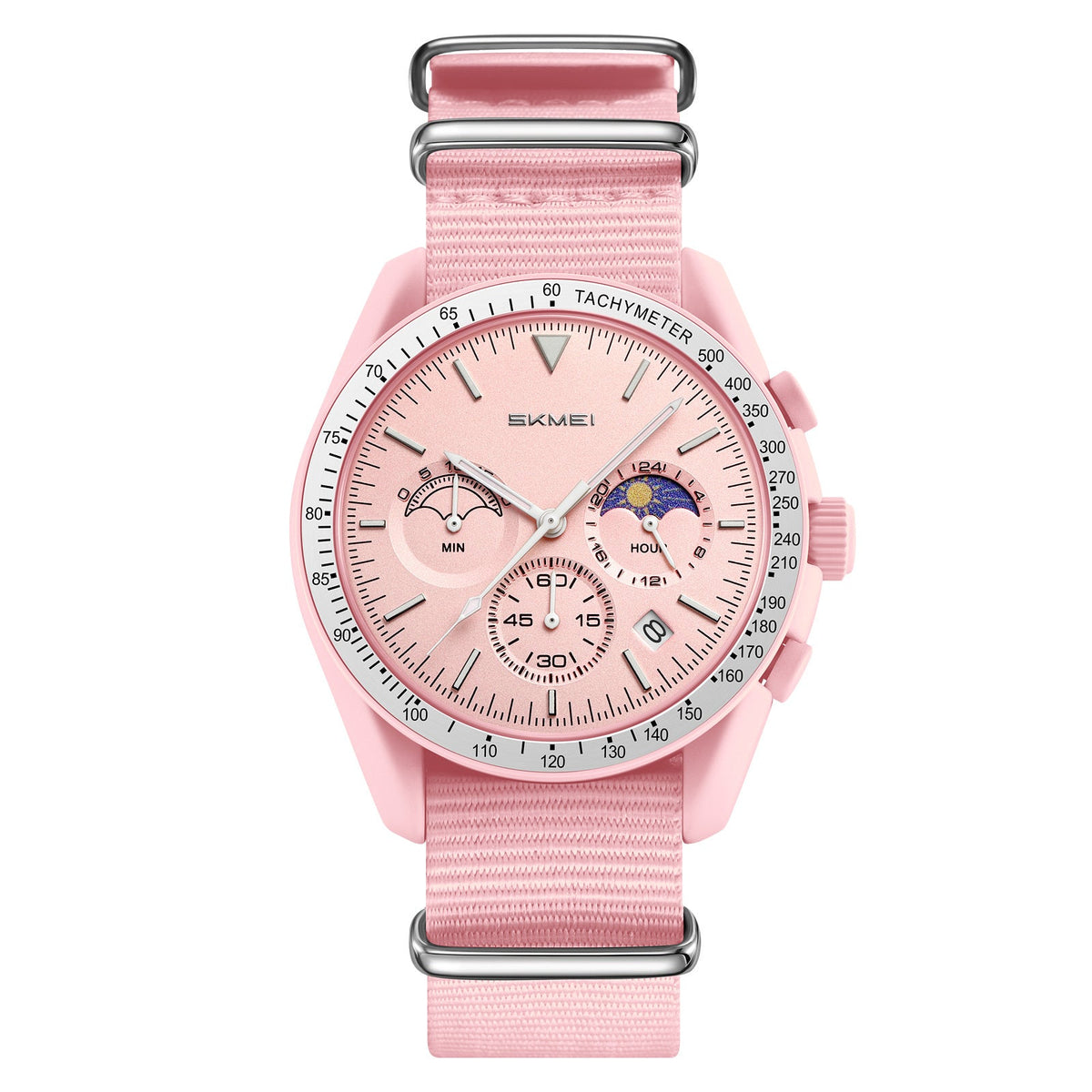 SKMEI 9392 pink quartz chronograph watch with pink nylon strap
