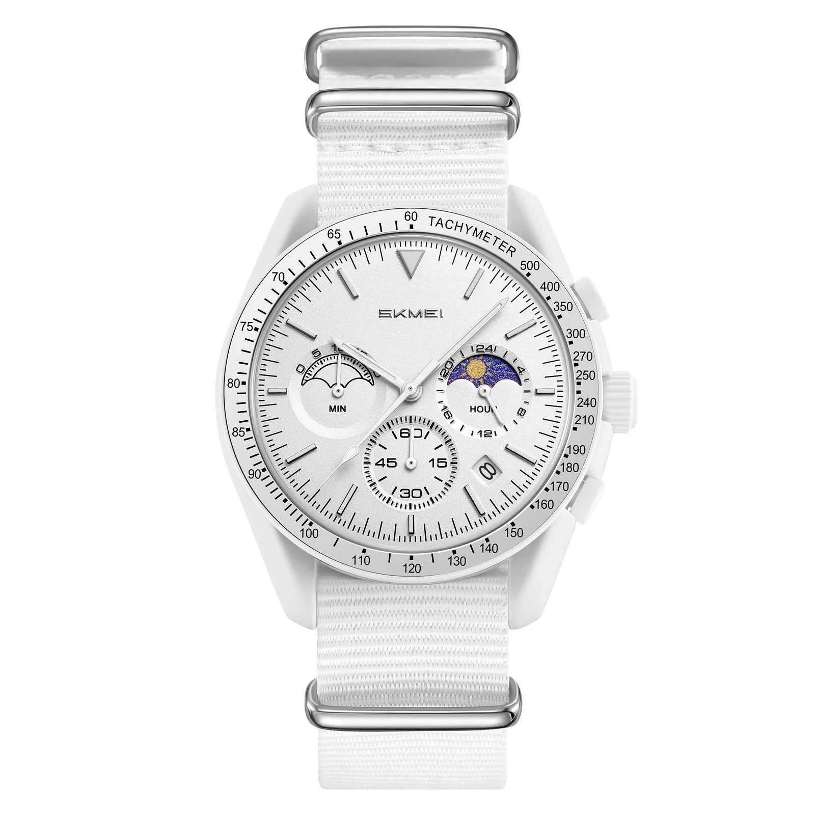 SKMEI 9392 white quartz chronograph watch with white nylon strap