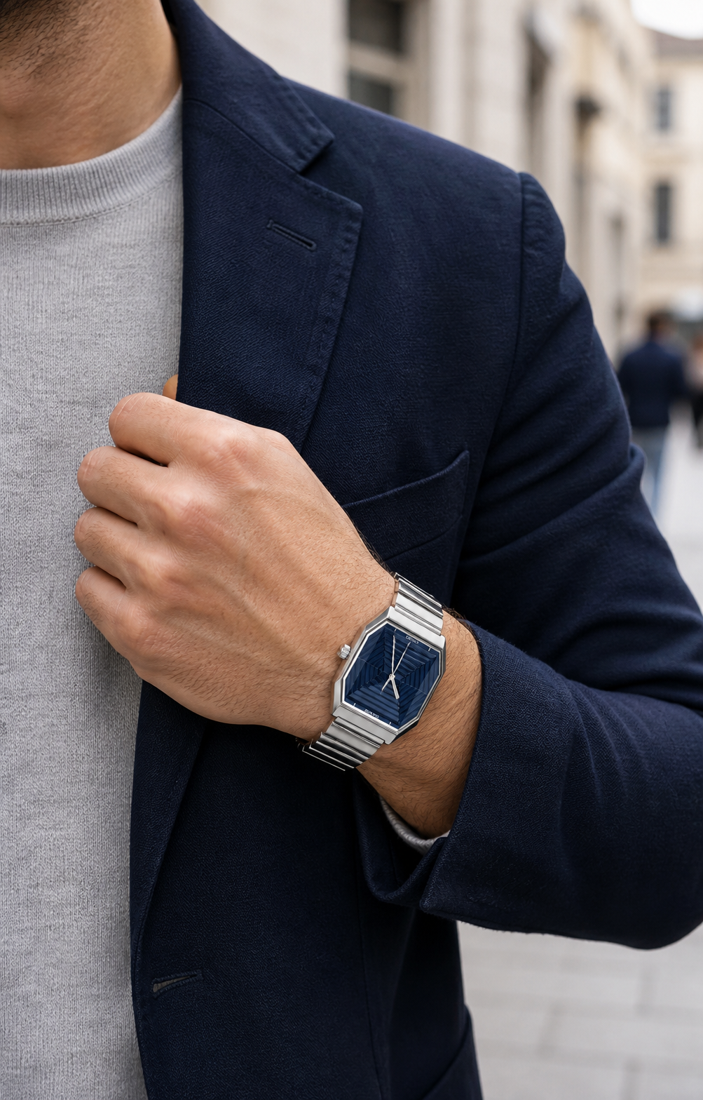 SKMEI 9393 silver and blue watch worn with a navy blazer