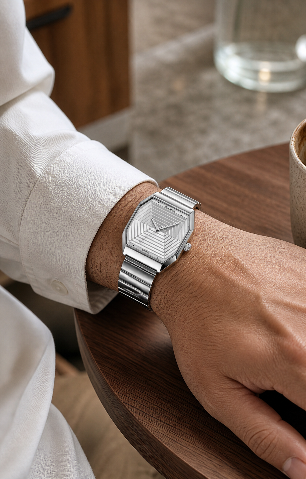 SKMEI 9393 silver and silver watch worn at a cafe