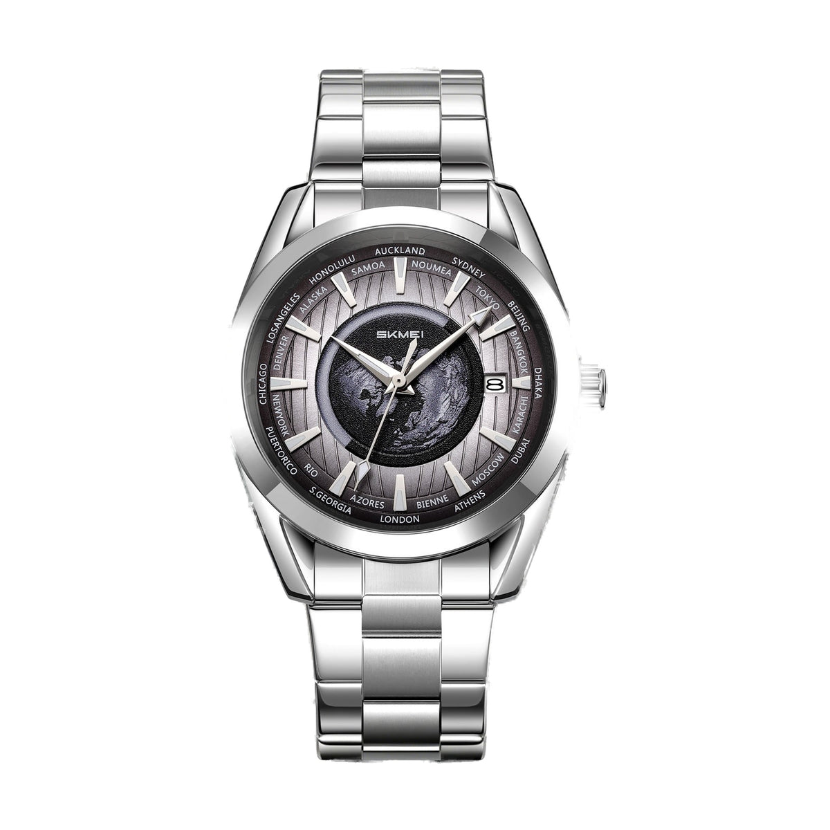 SKMEI 9399 automatic globe watch with silver case, black dial, and steel bracelet on white