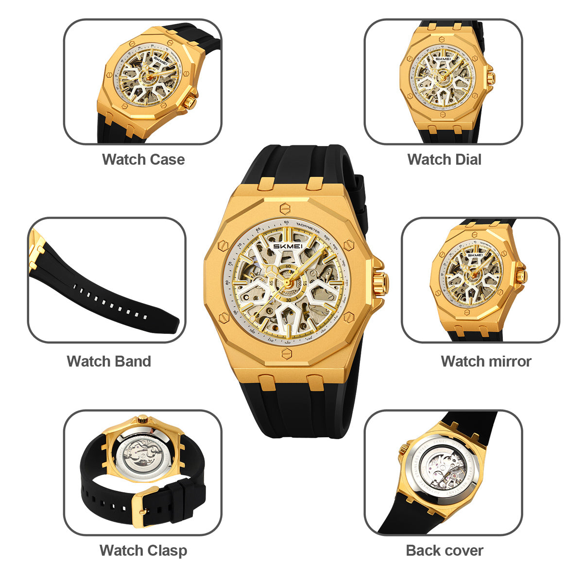 SKMEI M036 case dial strap clasp and caseback details