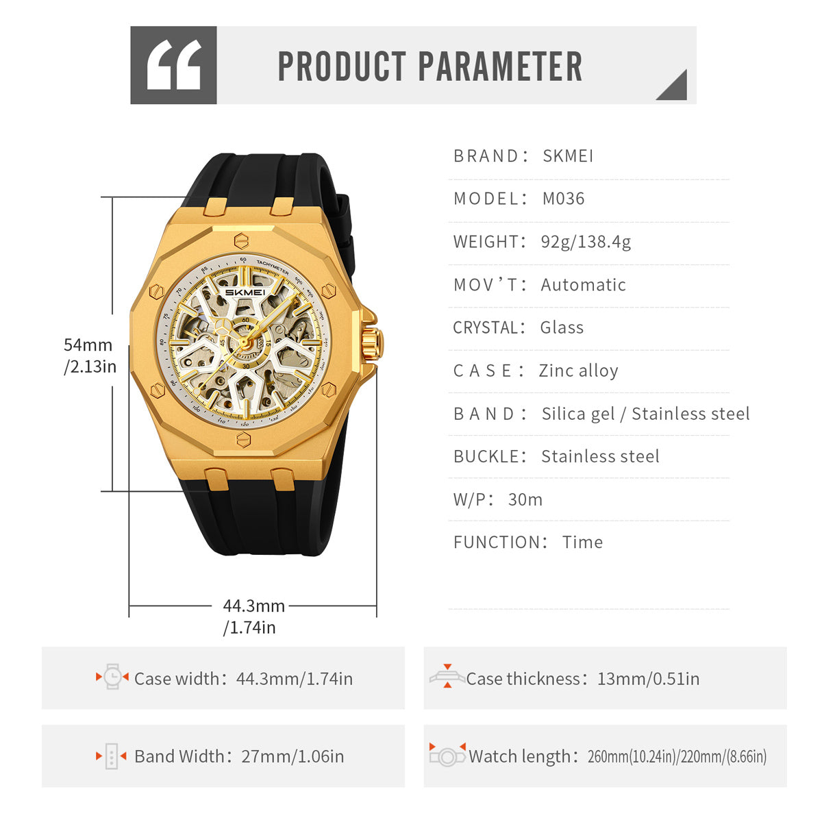 SKMEI M036 product dimensions and specifications